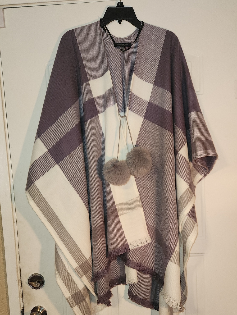 Cozy Plaid Pom-Pom Poncho Sweater - Purple and Cream
